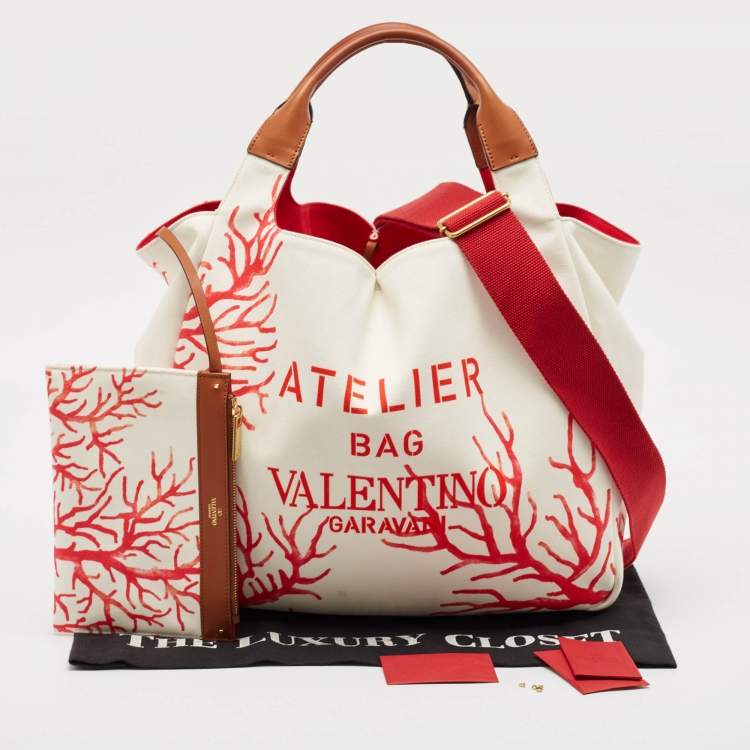 Pre Owned Valentino White/Red Printed Canvas Large Atelier Tote