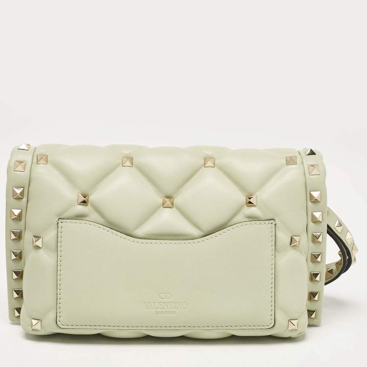 Pre Owned Valentino Mint Green Quilted Leather Candystud Wristlet Clutch