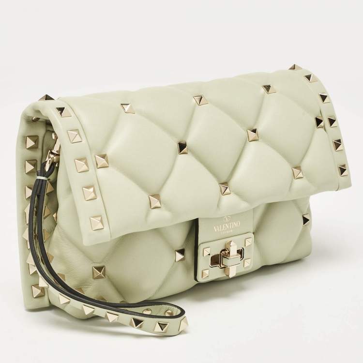 Pre Owned Valentino Mint Green Quilted Leather Candystud Wristlet Clutch