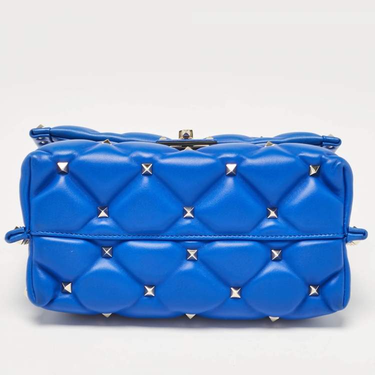 Pre Owned Valentino Blue Quilted Leather Medium Candystud Top Handle Bag