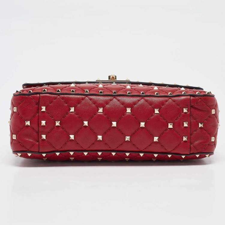 Pre Owned Valentino Red Quilted Leather Medium Rockstud Spike Top Handle Bag