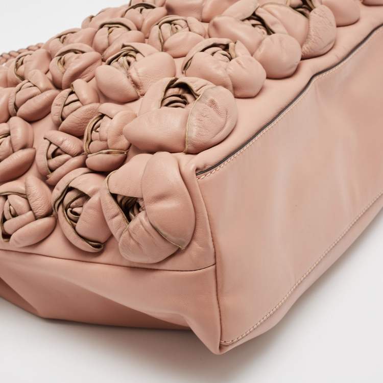 Pre Owned Valentino Light Pink Leather Floral Applique Zip Tote