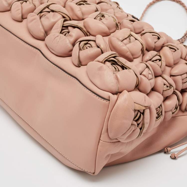 Pre Owned Valentino Light Pink Leather Floral Applique Zip Tote