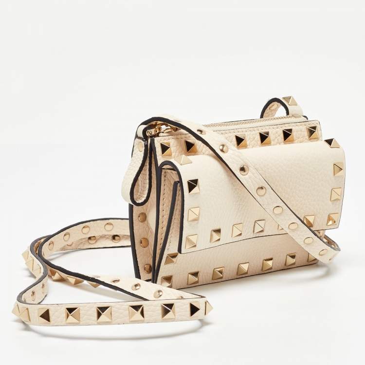 Pre Owned Valentino Off White Leather Rockstud Crossbody Bag