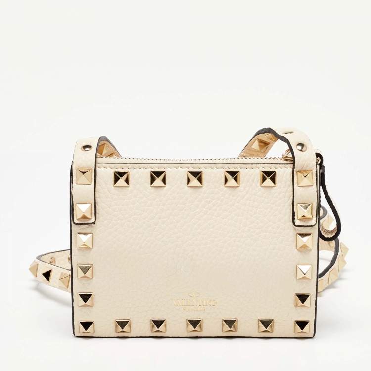 Pre Owned Valentino Off White Leather Rockstud Crossbody Bag