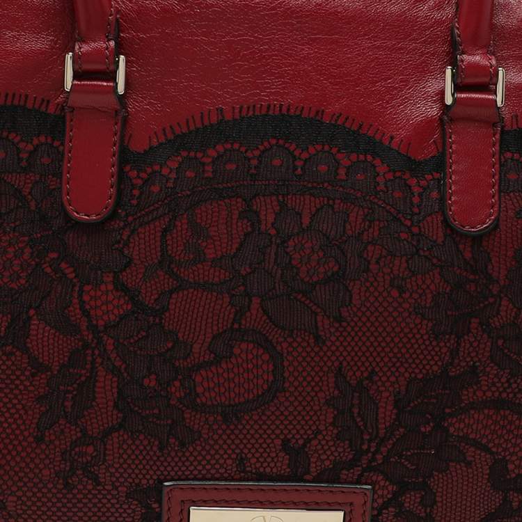 Pre Owned Valentino Dark Red/Black Leather and Lace Bow Tote