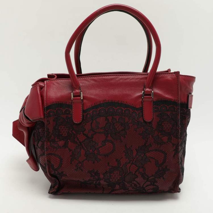 Pre Owned Valentino Dark Red/Black Leather and Lace Bow Tote