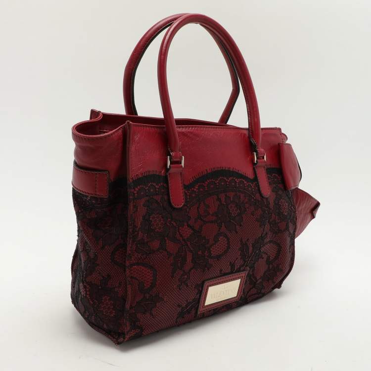 Pre Owned Valentino Dark Red/Black Leather and Lace Bow Tote
