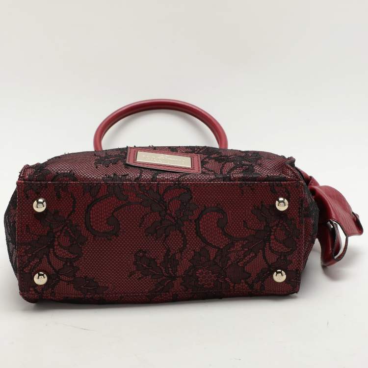 Pre Owned Valentino Dark Red/Black Leather and Lace Bow Tote