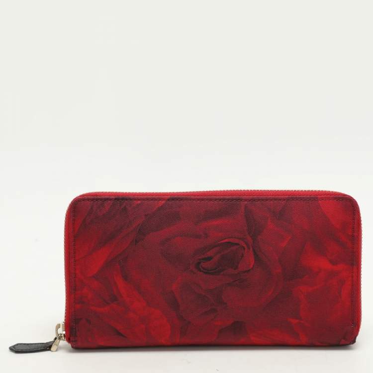 Pre Owned Valentino Red Printed Nylon Continental Zip Around Wallet
