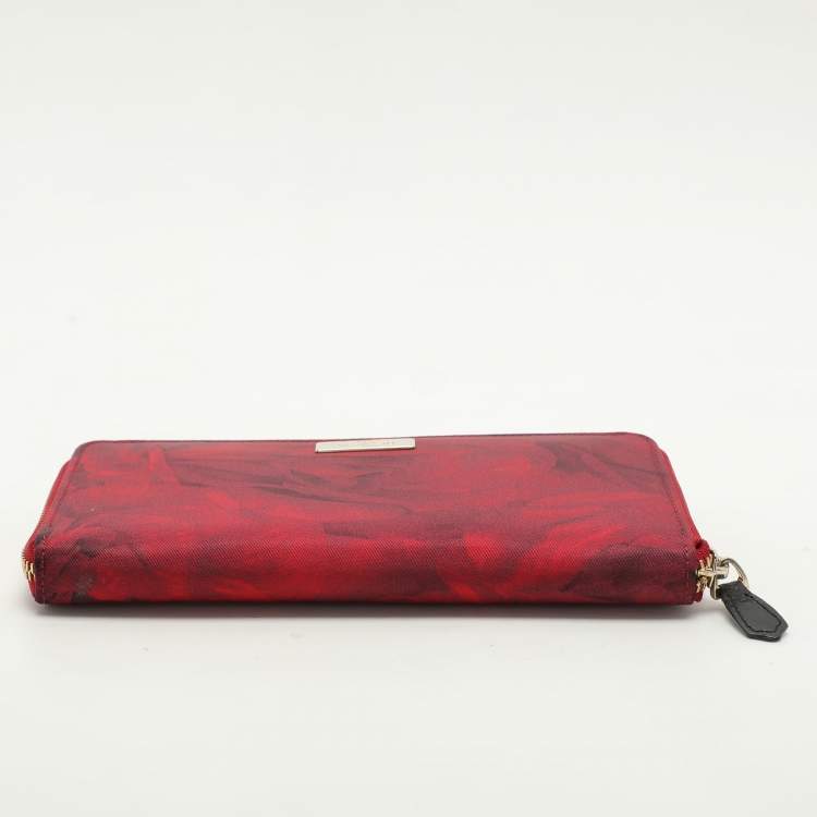 Pre Owned Valentino Red Printed Nylon Continental Zip Around Wallet
