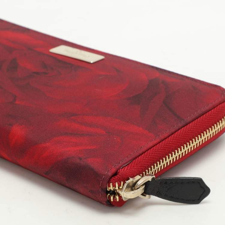 Pre Owned Valentino Red Printed Nylon Continental Zip Around Wallet