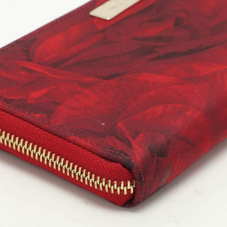 Pre Owned Valentino Red Printed Nylon Continental Zip Around Wallet