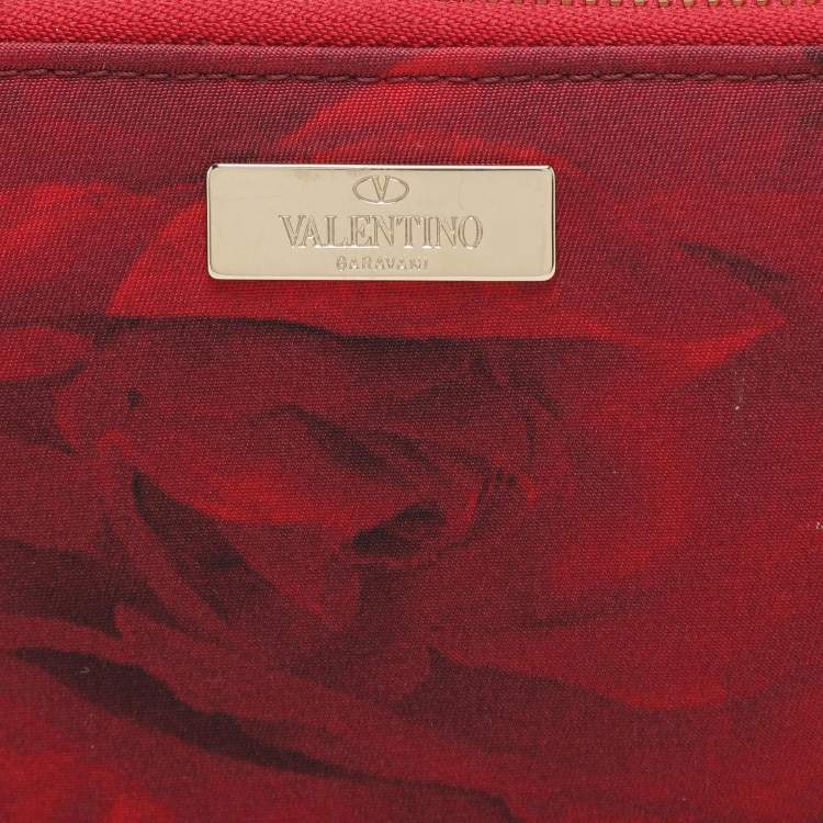 Pre Owned Valentino Red Printed Nylon Continental Zip Around Wallet