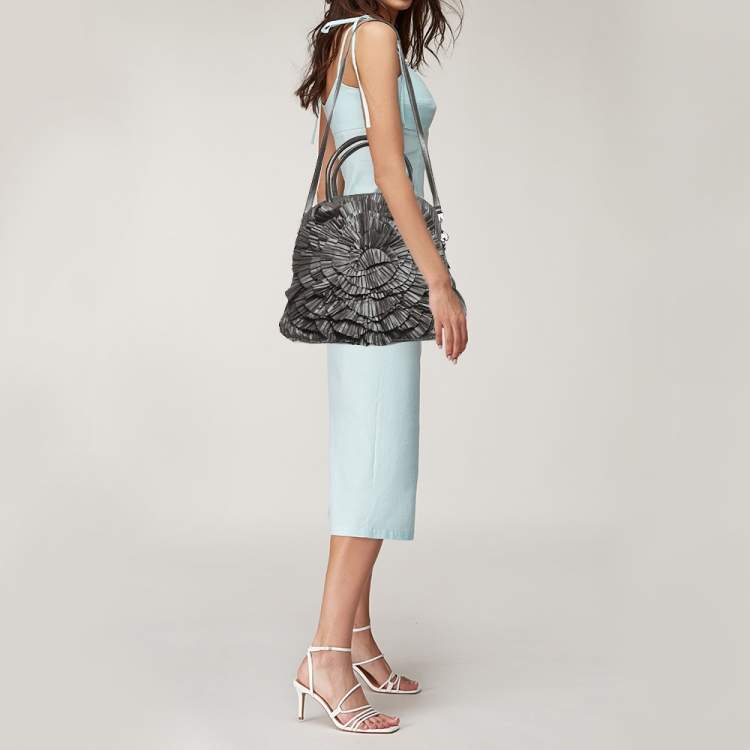 Pre Owned Valentino Dark Grey Leather Pleated Petale Rose Dome Bag