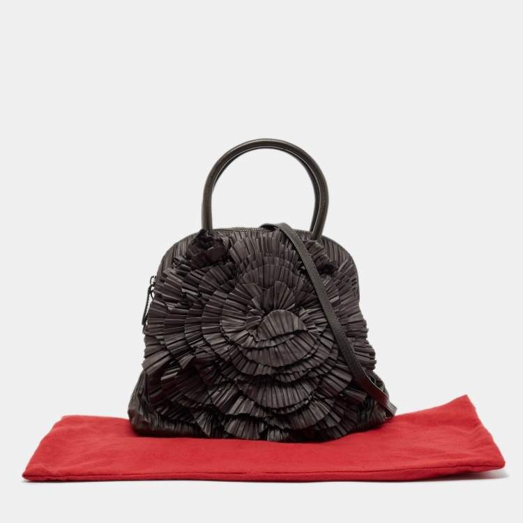 Pre Owned Valentino Dark Grey Leather Pleated Petale Rose Dome Bag