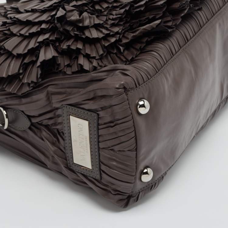 Pre Owned Valentino Dark Grey Leather Pleated Petale Rose Dome Bag
