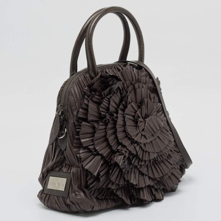 Pre Owned Valentino Dark Grey Leather Pleated Petale Rose Dome Bag