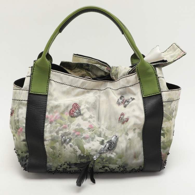 Pre Owned Valentino Multicolor Printed Nylon And Leather Double Pocket Bow Tote