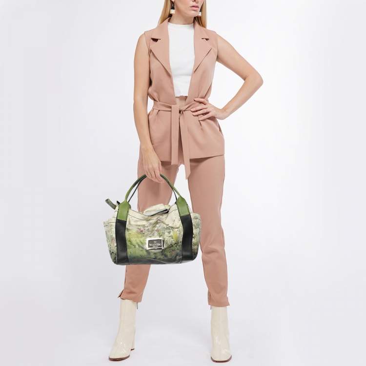 Pre Owned Valentino Multicolor Printed Nylon And Leather Double Pocket Bow Tote