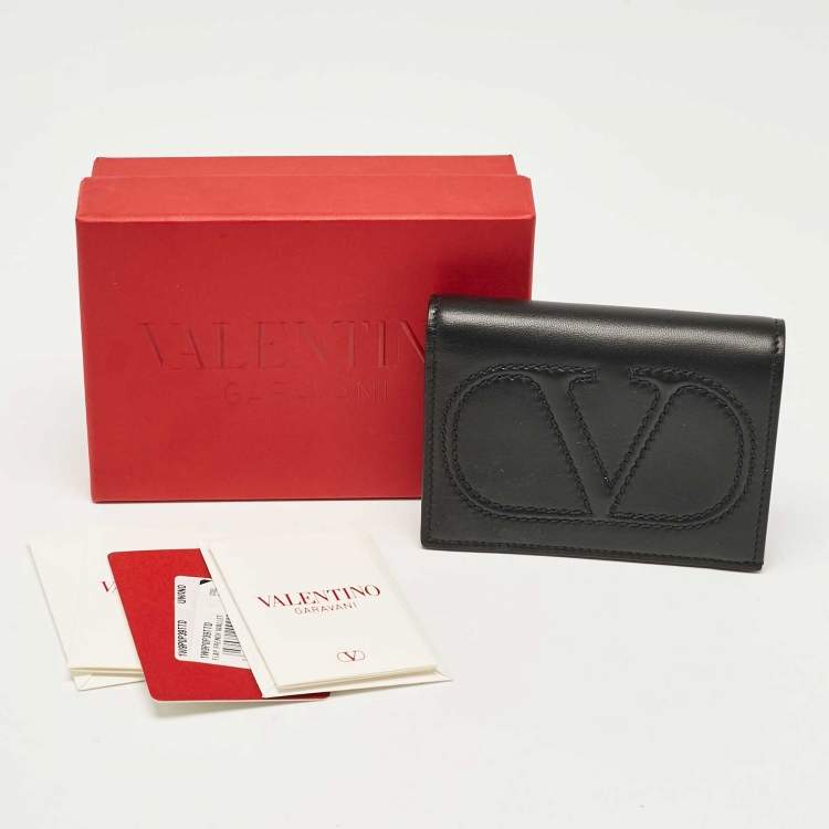 Pre Owned Valentino Black Leather Logo Flap Card Case