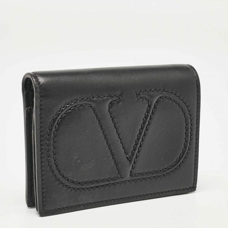 Pre Owned Valentino Black Leather Logo Flap Card Case
