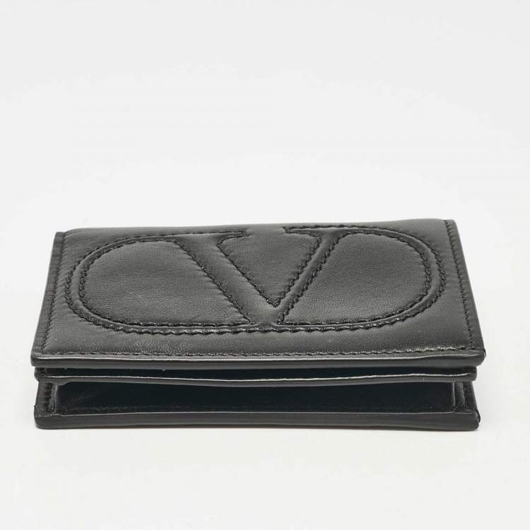Pre Owned Valentino Black Leather Logo Flap Card Case