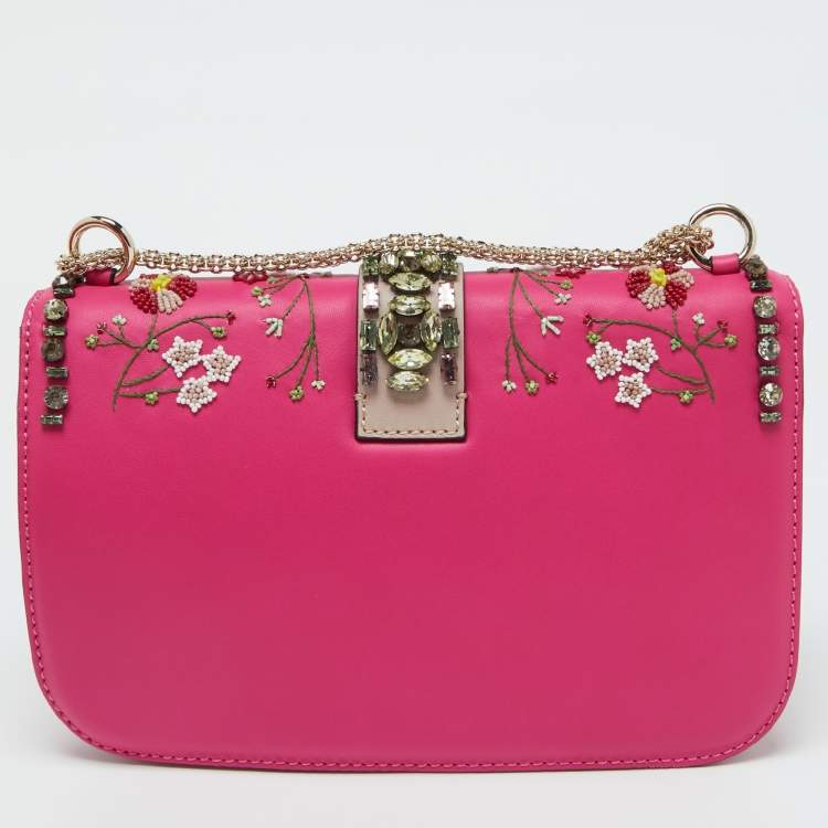 Pre Owned Valentino Pink/Beige Leather Medium Embellished Glam Lock Flap Bag