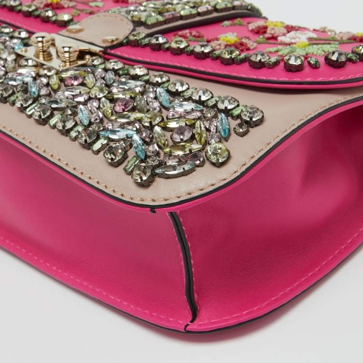 Pre Owned Valentino Pink/Beige Leather Medium Embellished Glam Lock Flap Bag