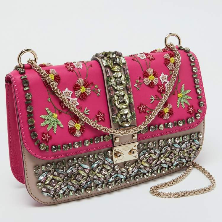 Pre Owned Valentino Pink/Beige Leather Medium Embellished Glam Lock Flap Bag