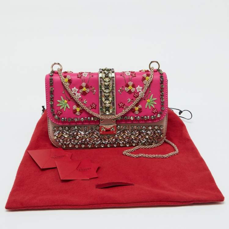 Pre Owned Valentino Pink/Beige Leather Medium Embellished Glam Lock Flap Bag
