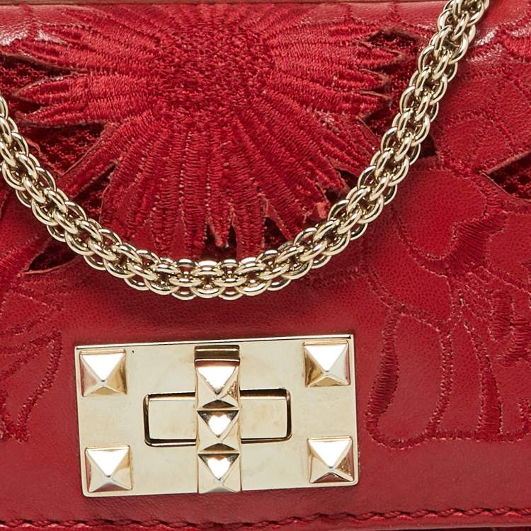 Pre Owned Valentino Red Leather and Lace Va Va Voom Chain Crossbody Bag