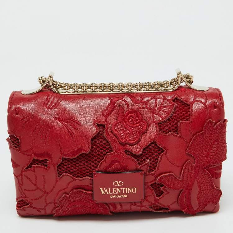 Pre Owned Valentino Red Leather and Lace Va Va Voom Chain Crossbody Bag