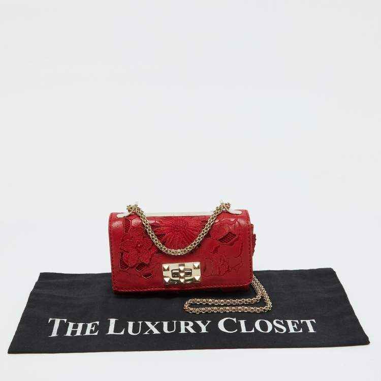 Pre Owned Valentino Red Leather and Lace Va Va Voom Chain Crossbody Bag