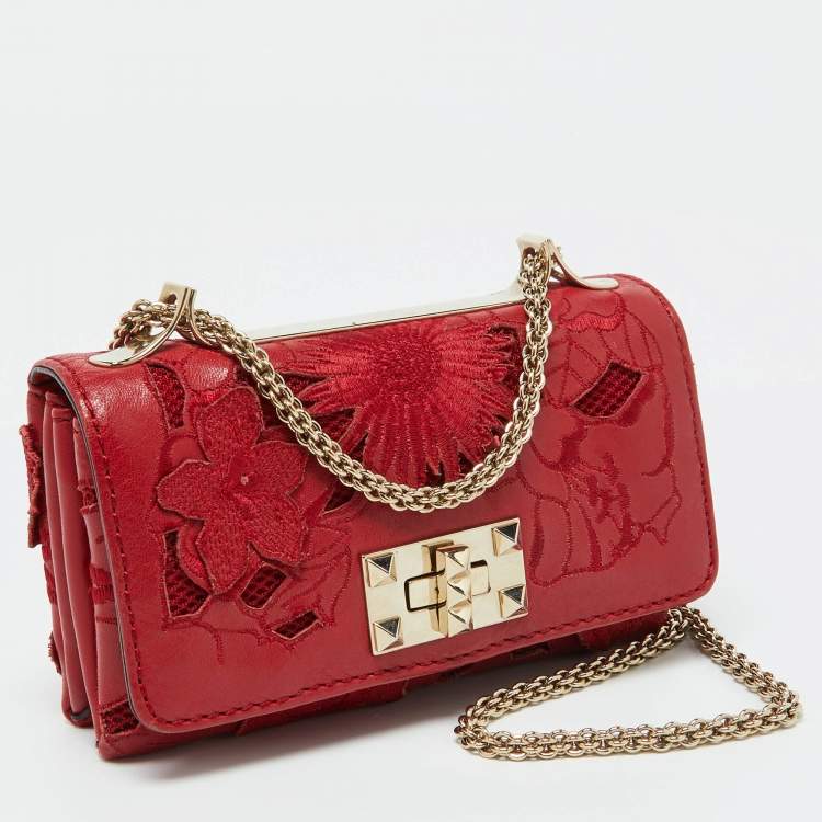 Pre Owned Valentino Red Leather and Lace Va Va Voom Chain Crossbody Bag