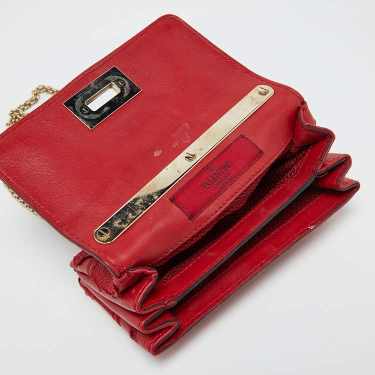 Pre Owned Valentino Red Leather and Lace Va Va Voom Chain Crossbody Bag