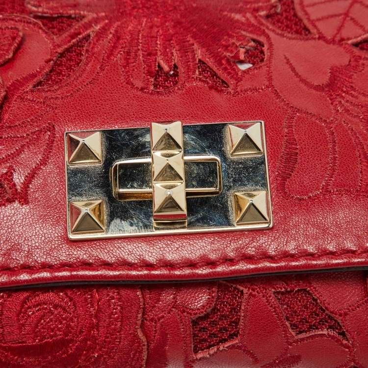 Pre Owned Valentino Red Leather and Lace Va Va Voom Chain Crossbody Bag