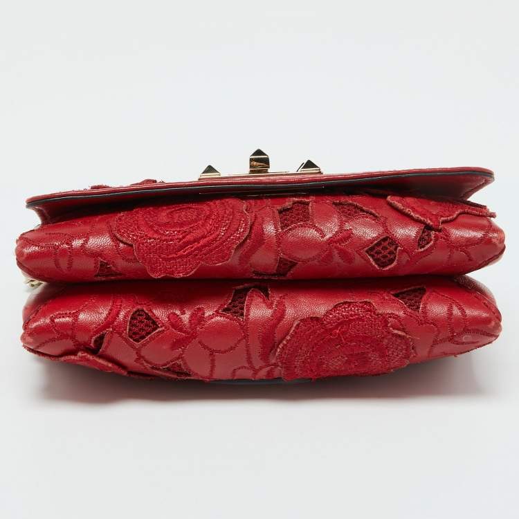 Pre Owned Valentino Red Leather and Lace Va Va Voom Chain Crossbody Bag