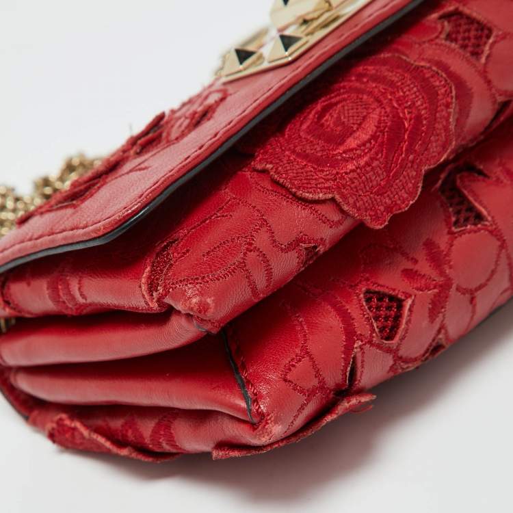 Pre Owned Valentino Red Leather and Lace Va Va Voom Chain Crossbody Bag