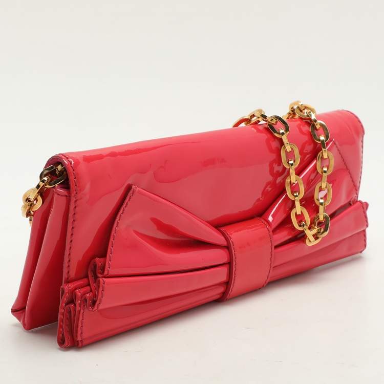 Pre Owned Valentino Pink Patent Leather Bow Chain Clutch