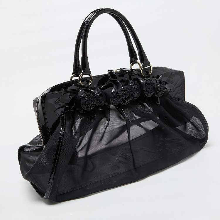 Pre Owned Valentino Black Mesh and Patent Leather Petale Rose Dome Satchel