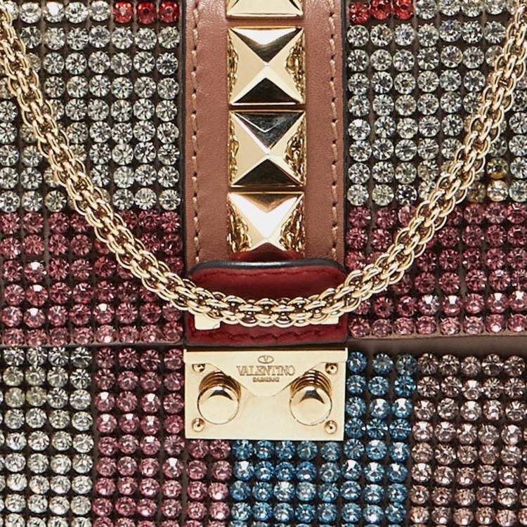 Pre Owned Valentino Multicolor Leather Crystal Embellished Small Glam Lock Shoulder Bag