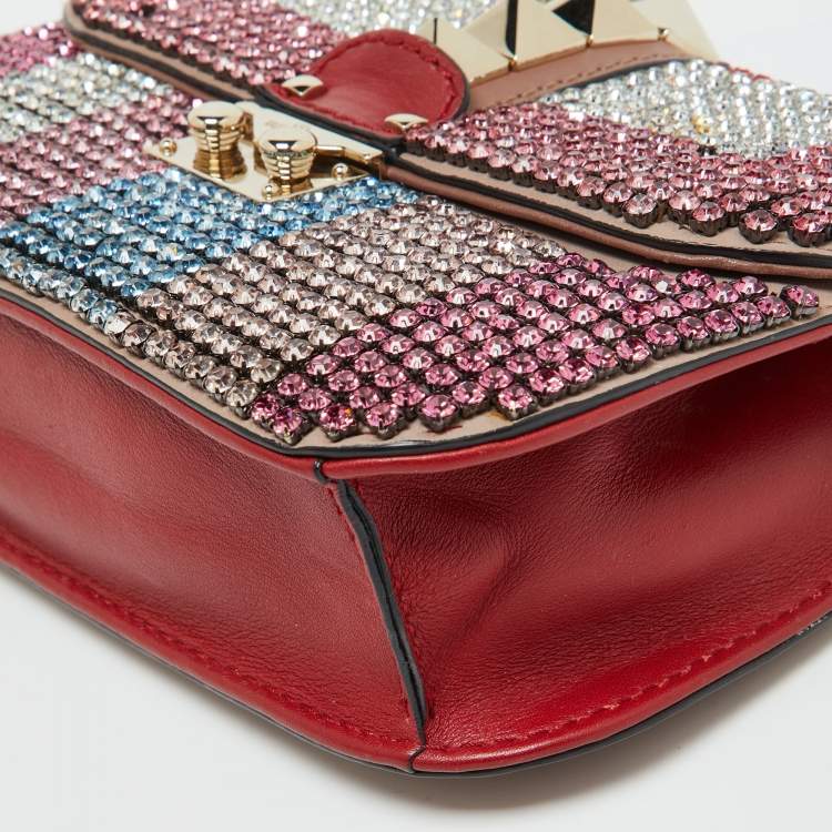Pre Owned Valentino Multicolor Leather Crystal Embellished Small Glam Lock Shoulder Bag
