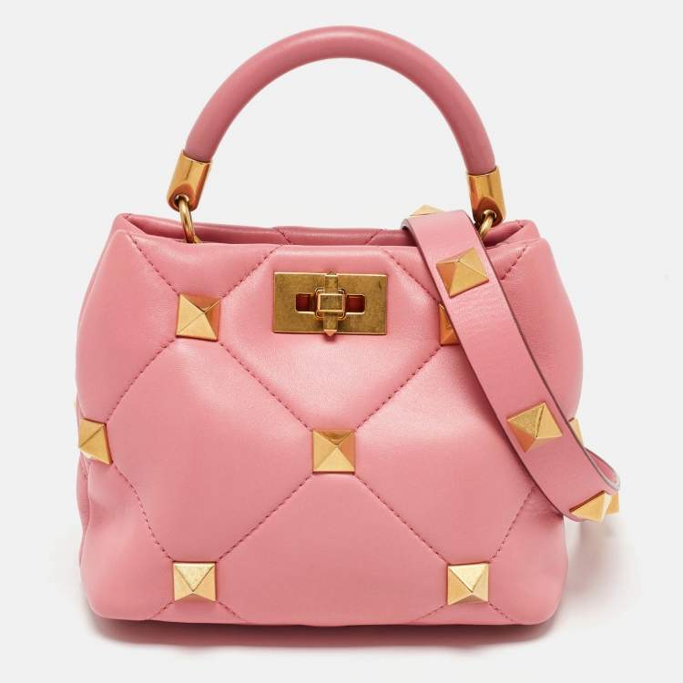 Pre Owned Valentino Pink Quilted Leather Small Roman Stud Top Handle Bag