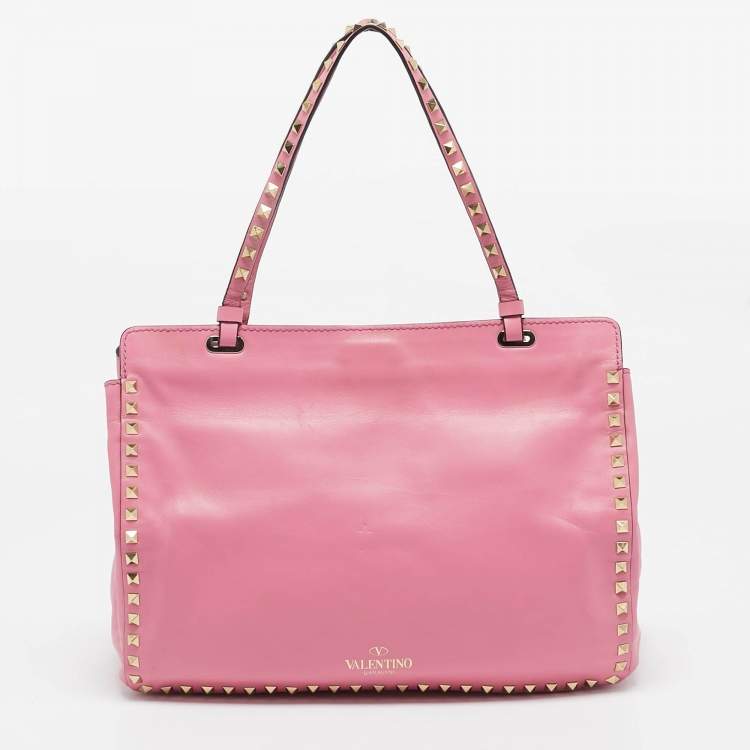 Pre Owned Valentino Pink Leather Medium Rockstud Trapeze Tote