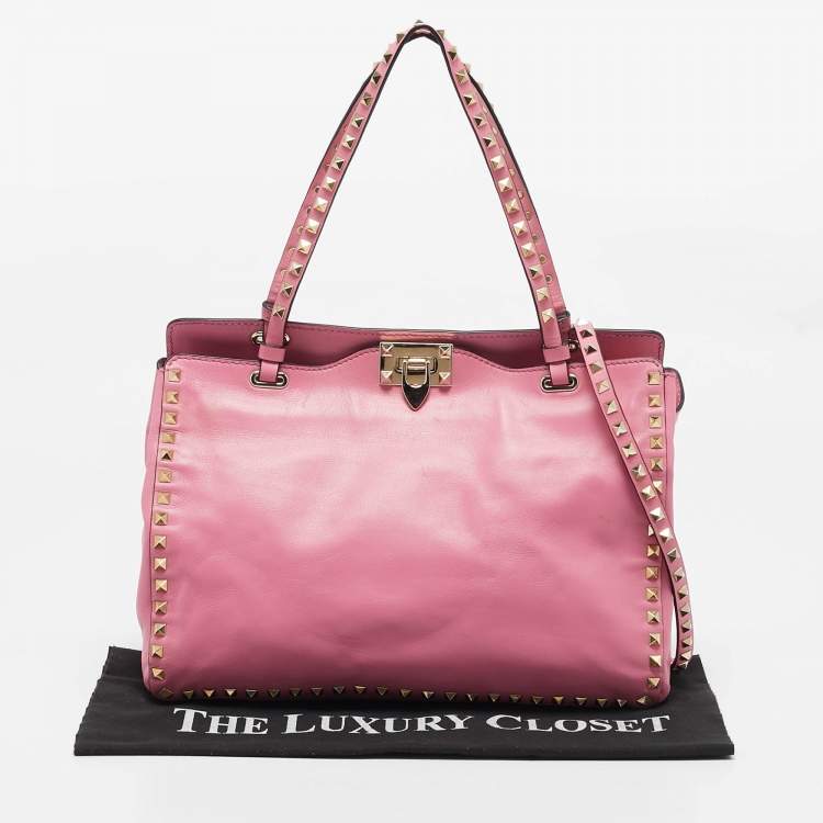 Pre Owned Valentino Pink Leather Medium Rockstud Trapeze Tote
