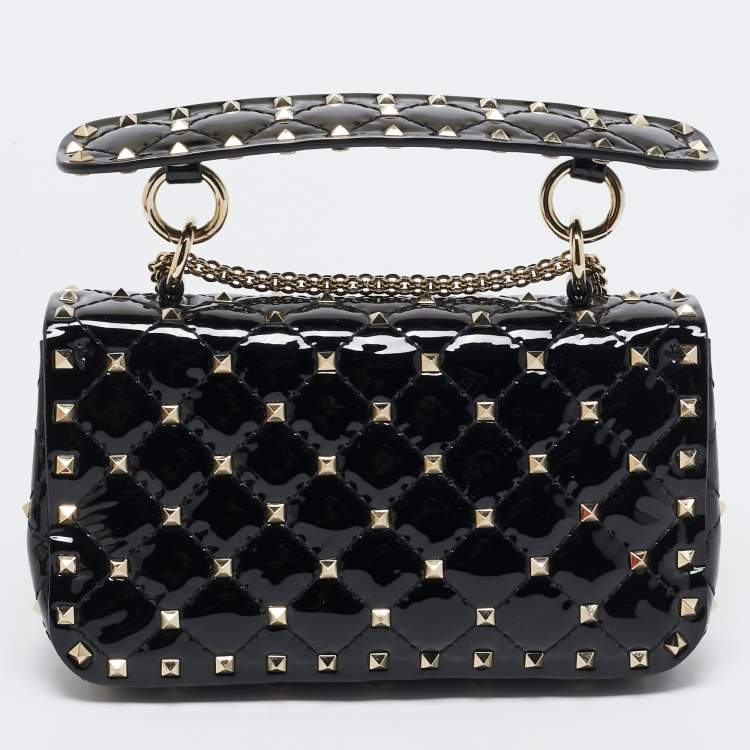 Pre Owned Valentino Black Patent Leather Small Rockstud Spike Top Handle Bag