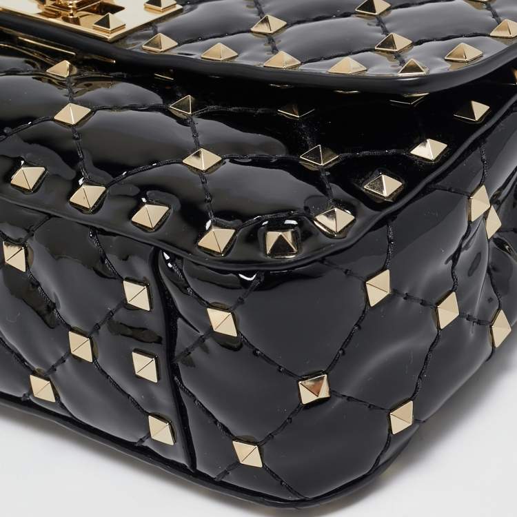 Pre Owned Valentino Black Patent Leather Small Rockstud Spike Top Handle Bag