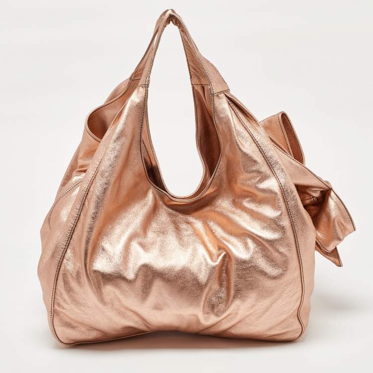 Pre Owned Valentino Metallic Rose Gold Leather Nuage Bow Hobo
