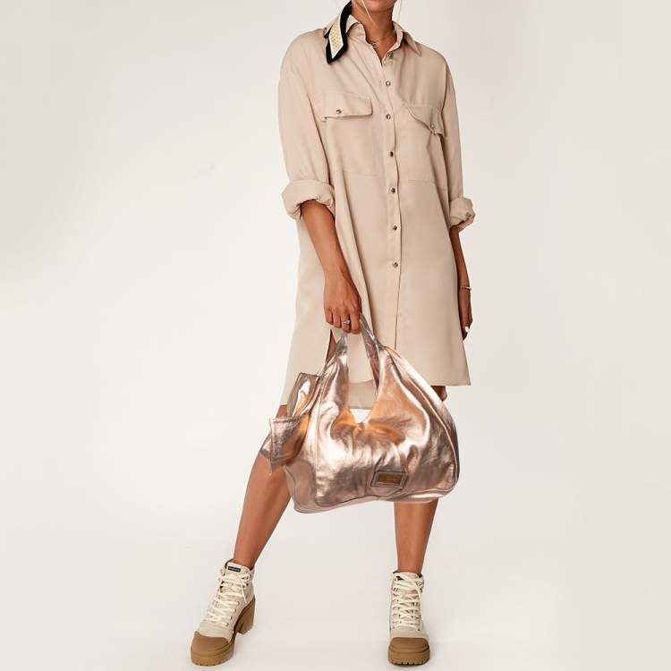 Pre Owned Valentino Metallic Rose Gold Leather Nuage Bow Hobo